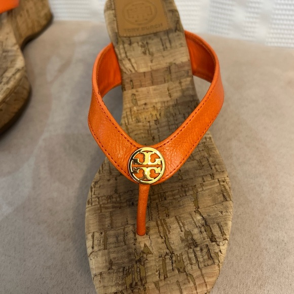 Tory Burch orange leather cork wedge sandals from size 7 great - Picture 2 of 8